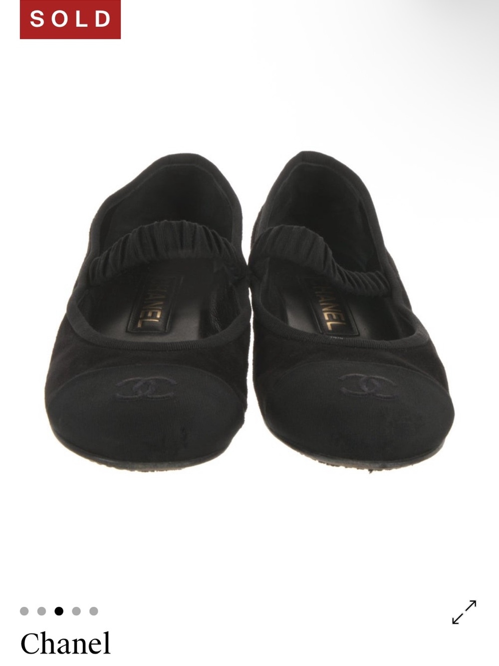 CHANEL Black Elastic Strap Ballet Flats with Logo Toe